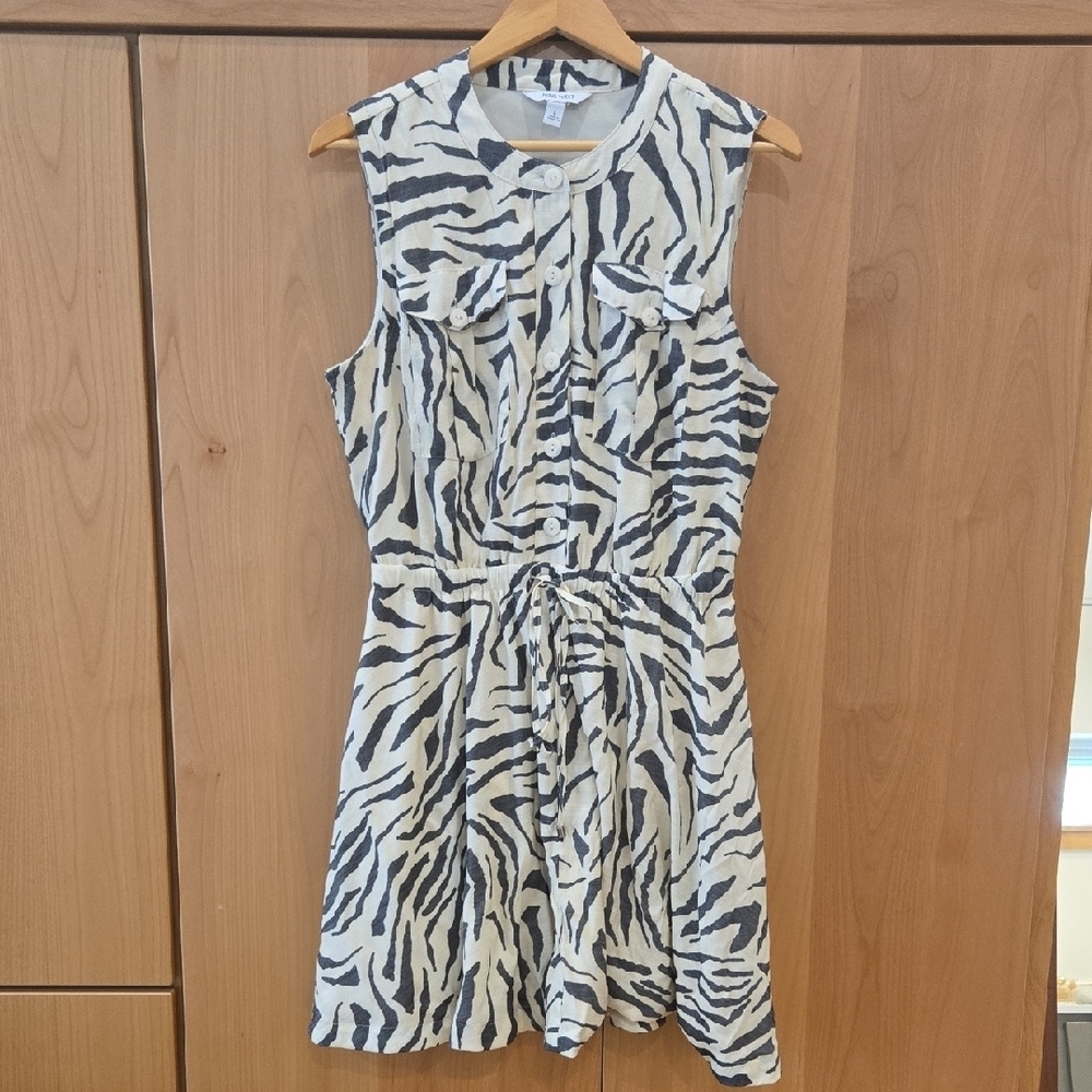 Nine West Black and White Zebra-Print Sleeveless Mini Dress, Waist Tie, L, Lined